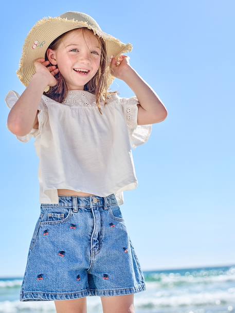 Embroidered girl's short medium blue+rose+sage green 