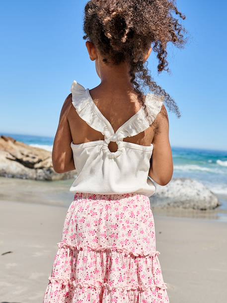 Girl's tank top with frilled straps ecru+sage green 