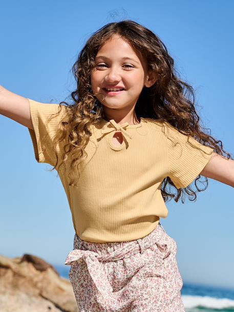 Girl's fancy bow t-shirt striped blue+yellow 