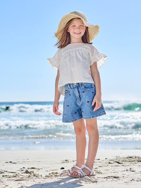 Girl's t-shirt with embroidered details coral+ecru+khaki 