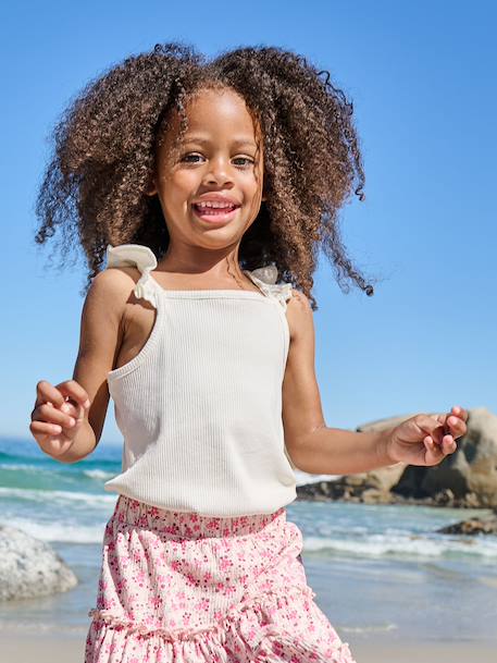 Girl's tank top with frilled straps ecru+sage green 