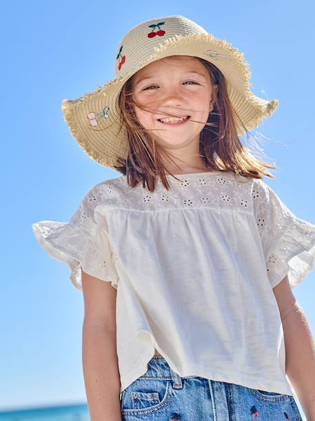 Girl's t-shirt with embroidered details coral+ecru+khaki 