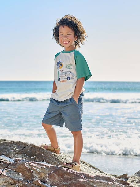 Elasticated bermuda shorts for boys denim blue+fir green+pastel yellow 