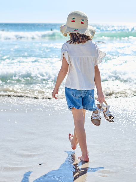 Embroidered girl's short medium blue+rose+sage green 