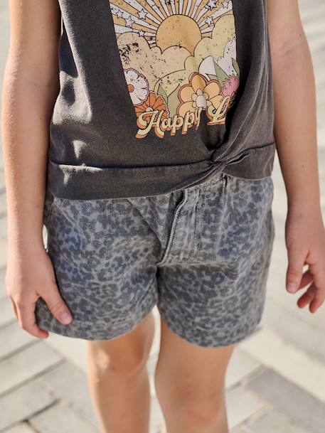 Girls' patterned denim shorts grey+light blue 