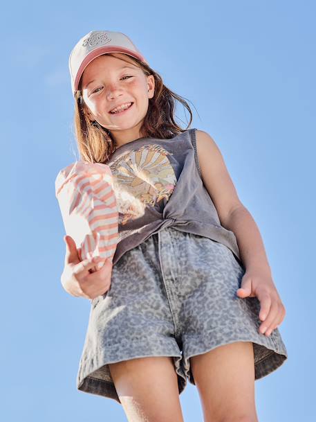 Girls' patterned denim shorts grey+light blue 