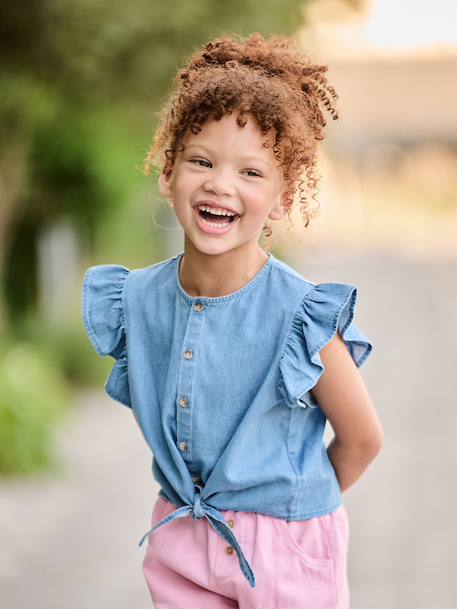 Denim blouse with frill sleeves for girls light blue 