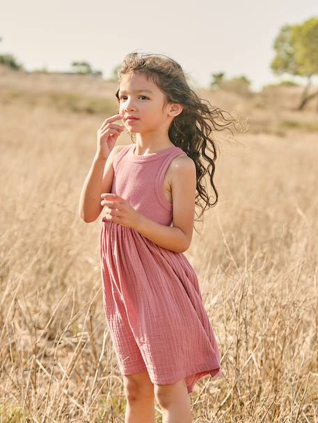 Girl's sleeveless dress khaki+old rose 