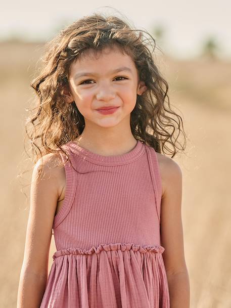 Girl's sleeveless dress khaki+old rose 