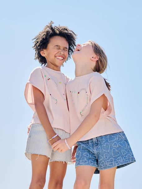 Girls' patterned denim shorts grey+light blue 