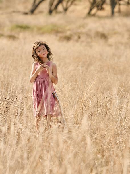 Girl's sleeveless dress khaki+old rose 
