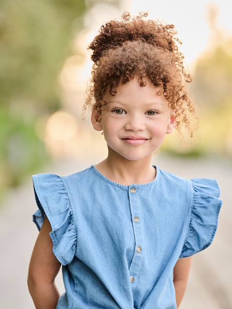 Denim blouse with frill sleeves for girls light blue 