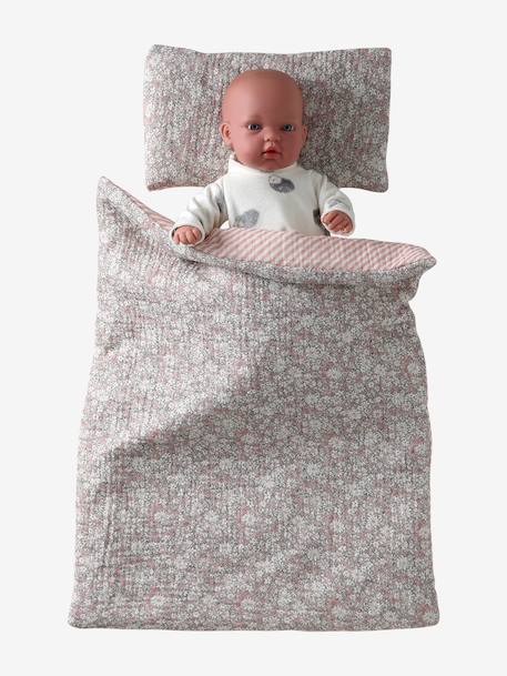 Blanket + Pillow for Dolls, in Cotton Gauze printed pink+White+yellow 