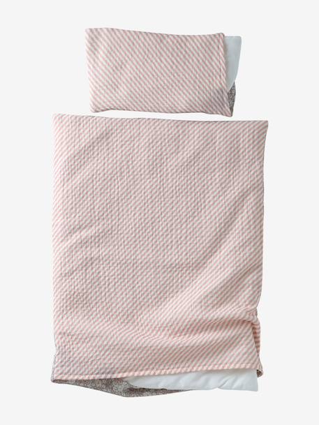 Blanket + Pillow for Dolls, in Cotton Gauze printed pink+White+yellow 