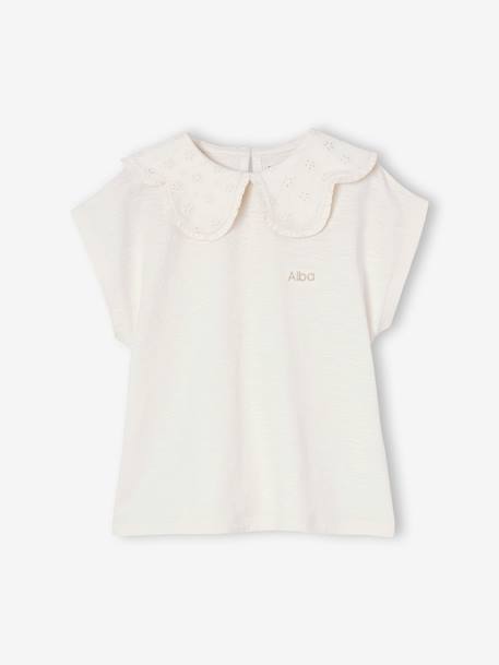 Girls' fancy embroidered collar T-shirt coral+ecru 