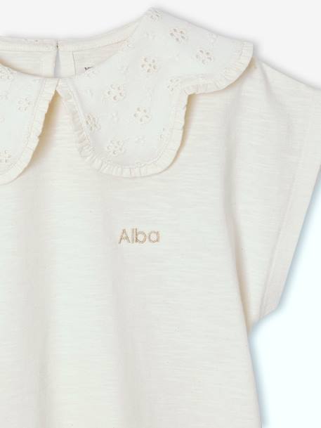 Girls' fancy embroidered collar T-shirt coral+ecru 