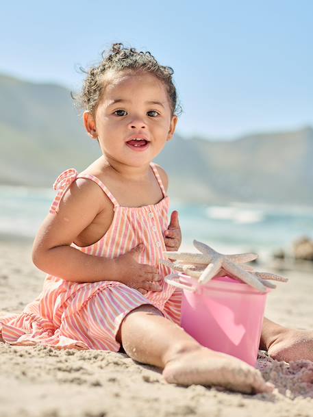 Baby girl's organic cotton dress with braces beige+striped pink 