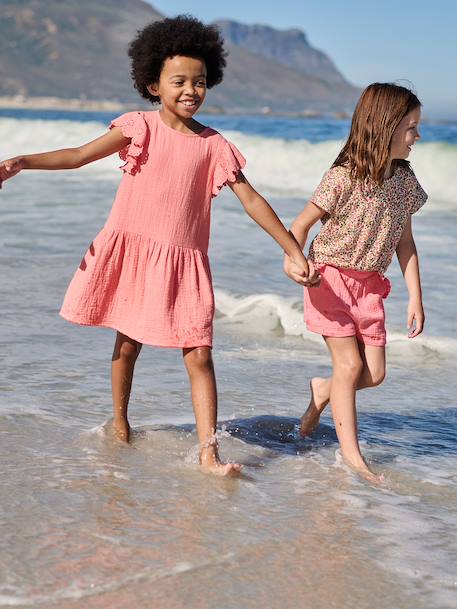 Girls' cotton gauze dress with short embroidered sleeves coral+yellow 