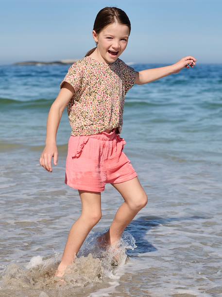 Girls' short with a cotton gauze waist beige+pale blue+rose+sage green 