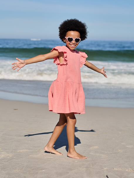 Girls' cotton gauze dress with short embroidered sleeves coral+yellow 