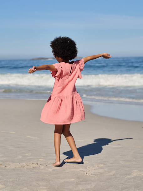 Girls' cotton gauze dress with short embroidered sleeves coral+yellow 
