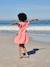 Girls' cotton gauze dress with short embroidered sleeves coral+yellow 