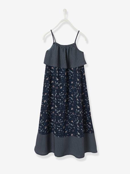 Printed Long Dress with Straps for Girls Dark Blue/Print 