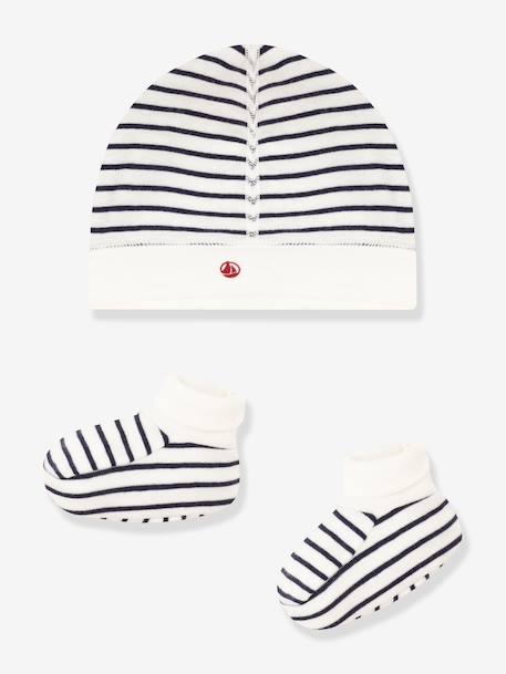 Unisex Beanie & Booties Set for Babies, PETIT BATEAU navy blue+white 
