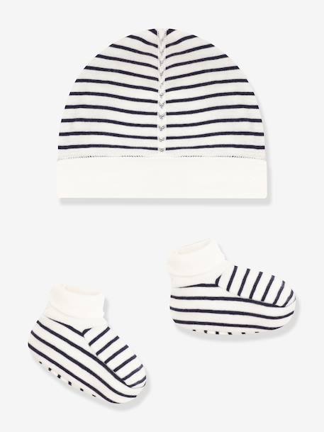 Unisex Beanie & Booties Set for Babies, PETIT BATEAU navy blue+white 