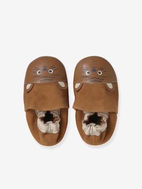 Elasticated leather baby slippers chocolate 