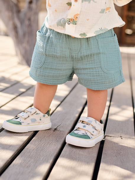 Fabric Trainers with Hook-&-Loop Straps khaki+navy blue+printed beige+set beige 