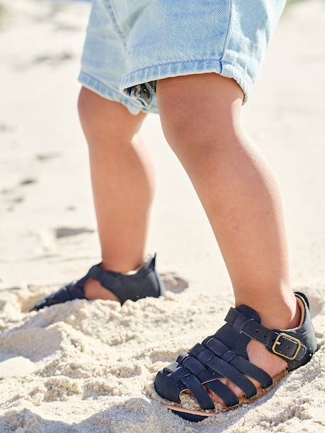 Closed Leather Sandals with Buckle for Babies brown+navy blue 