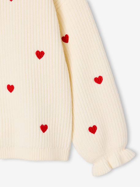 Long-sleeved round-neck jumper for girls ecru+navy blue+rose 