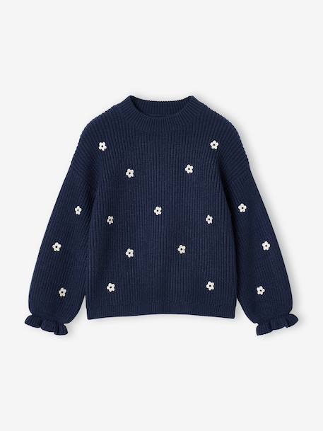 Long-sleeved round-neck jumper for girls ecru+navy blue+rose 