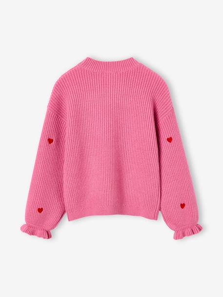 Long-sleeved round-neck jumper for girls ecru+navy blue+rose 