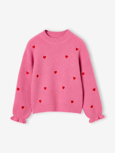 Long-sleeved round-neck jumper for girls ecru+navy blue+rose 