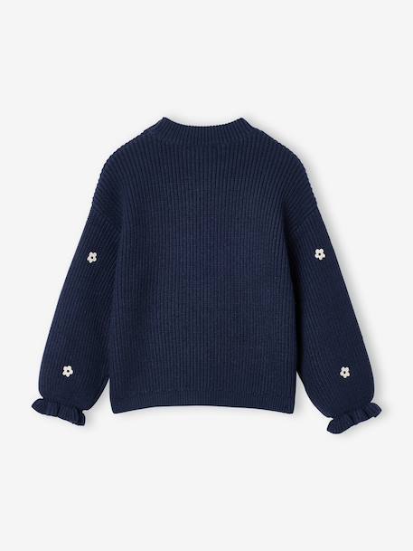 Long-sleeved round-neck jumper for girls ecru+navy blue+rose 