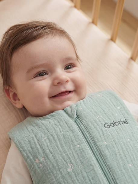 Sleeveless Cotton Muslin Travel Jumpsuit with Moon & Stars Print sage green 