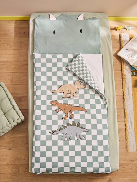 Dinosaur sleeping bag for children chequered green 