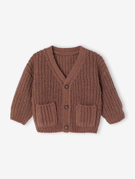 V-neck cardigan for babies in chunky knit chocolate+grey blue 