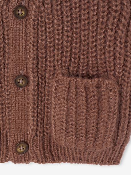 V-neck cardigan for babies in chunky knit chocolate+grey blue 
