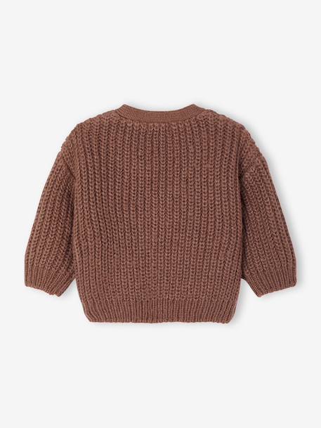 V-neck cardigan for babies in chunky knit chocolate+grey blue 