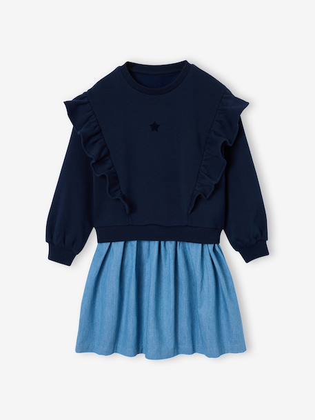 Long-sleeved dress for girls ecru+navy blue 