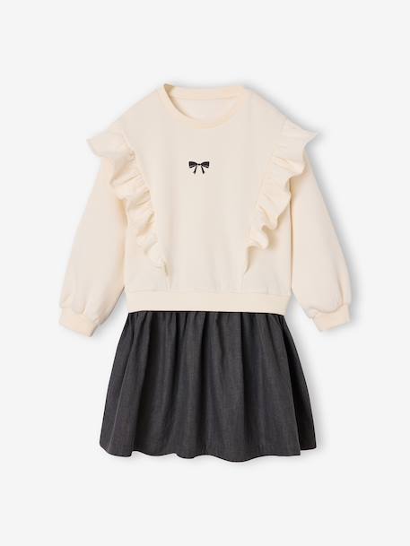 Long-sleeved dress for girls ecru+navy blue 