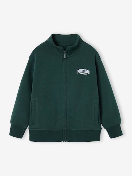 Zipped sweatshirt for boys with a trucker neck fir green+navy blue+red 