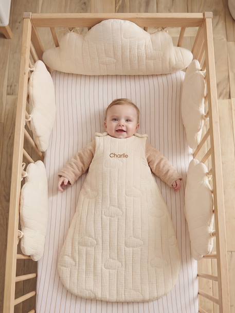 Customisable organic muslin sleeveless baby sleeping bag IN THE CLOUDS ecru 