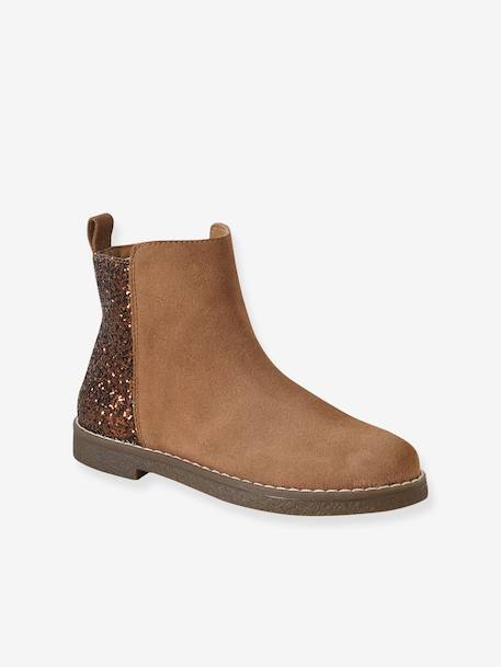 Girls' leather and glitter boots, nursery collection camel+navy blue 
