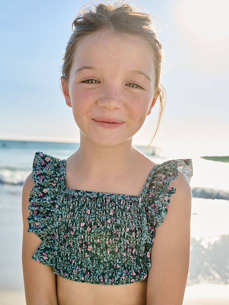 Girl's floral two-piece swimsuit emerald green 
