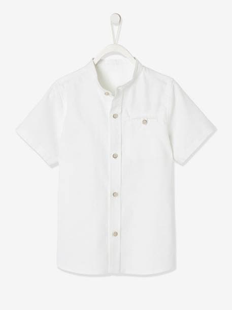 Short-Sleeved Shirt with Mandarin Collar in Cotton/Linen for Boys Light Blue+White 