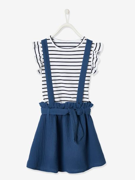 Striped T-Shirt + Cotton Gauze Skirt Outfit, for Girls Blue Stripes+coral+lilac+sage green 
